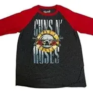 Guns N' Roses graphic raglan shirt featuring a dark gray heather body and red sleeves with the classic bullet logo graphic.