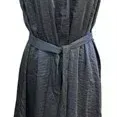 Sleeveless charcoal gray midi dress with a high neckline and matching waist tie, displayed on a dress form mannequin.