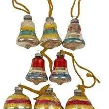 Set of eight vintage mercury glass Christmas ornaments featuring hand-painted striped bell and sphere shapes with yellow hanging ties.
