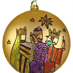 Gold blown glass Christmas ornament featuring a hand-painted Three Wise Men scene accented with glitter details.