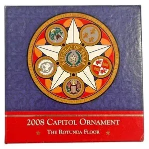 Boxed 2008 Texas Capitol Ornament featuring 'The Rotunda Floor' design.