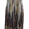 Sleeveless V-neck maxi dress with an empire waist and a patterned print in shades of brown, beige, and blue, displayed on a dress form.