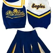 Three-piece vintage cheerleading uniform in navy blue, white, and yellow featuring 'Eagles' script, including two shell tops...