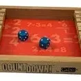 Vintage Wooden CountDown! math-themed shutting box game complete with numbered wooden tiles and blue dice.