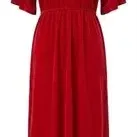 Vintage red velvet maxi dress featuring a white embroidered lace collar trim and short fluttering sleeves.
