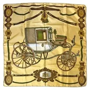 Vintage silk scarf featuring a detailed central illustration of a horse-drawn carriage surrounded by an equestrian harness and leather...