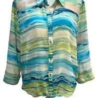 Sheer long-sleeve blouse with a watercolor horizontal stripe pattern in shades of blue, green, and beige, featuring a button-down front...