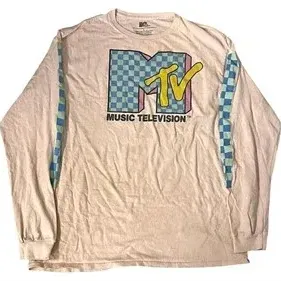 Off-white MTV Music Television long-sleeve t-shirt with a checkered logo graphic and blue checkered trim along the sleeves.
