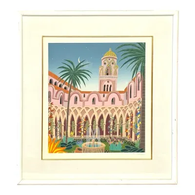 Sale Photo Thumbnail #65: Framed limited edition art print depicting a vibrant Mediterranean courtyard scene, signed by the artist in the lower right and set in a white wooden frame.