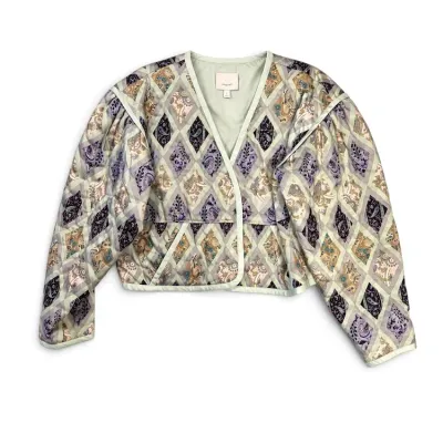 Sale Photo Thumbnail #25: Quilted open-front jacket featuring a harlequin diamond pattern with paisley and floral motifs in muted purple, tan, and sage tones.