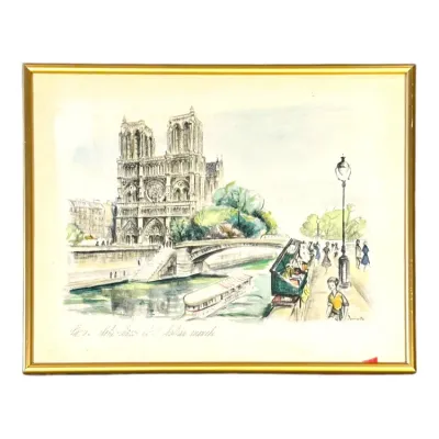 Sale Photo Thumbnail #96: Framed mid-century watercolor print depicting Notre-Dame Cathedral and the Seine River in Paris, housed in a thin gold metal frame.
