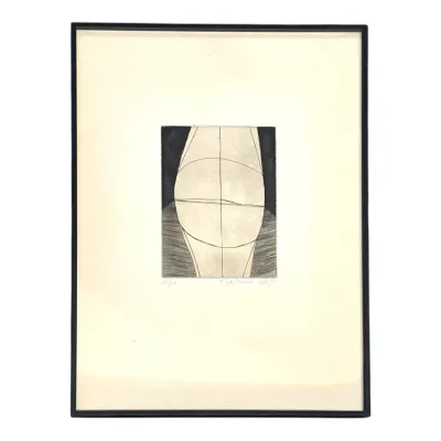 Sale Photo Thumbnail #100: Framed mid-century abstract etching, pencil signed and dated 1965, numbered 25/50 in a simple black frame.