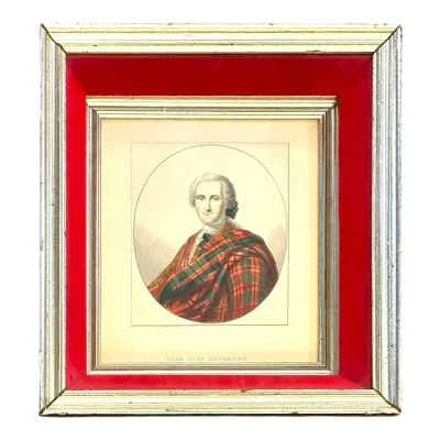 Sale Photo Thumbnail #57: Framed vintage print depicting Lord John Drummond in Scottish tartan attire, housed in a silver-tone wood frame with a vibrant red velvet mat.