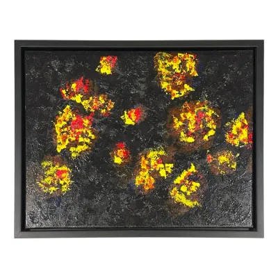 Sale Photo Thumbnail #59: Framed contemporary abstract expressionist painting featuring heavily textured yellow, red, and orange impasto bursts against a dark black background.