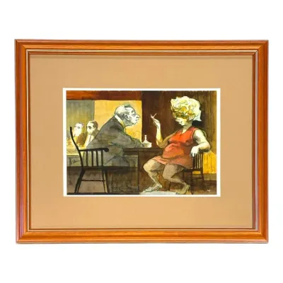 Sale Photo Thumbnail #61: Framed watercolor and ink satirical illustration depicting a couple seated at a bar table, presented under glass in a tan mat and warm wood frame.