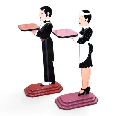 Sale Photo Thumbnail #151: Pair of Art Deco style wooden valet and maid tray stands, featuring hand-painted details and tiered bases.