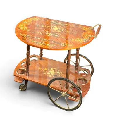 Sale Photo Thumbnail #133: Vintage Italian inlaid wood tea cart featuring drop-leaf sides, floral marquetry, and large brass spoked wheels with lower bottle holders.