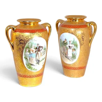 Sale Photo Thumbnail #214: Pair of vintage gold gilt porcelain urn vases featuring hand-painted romantic Courting Couple scenes in oval medallions.