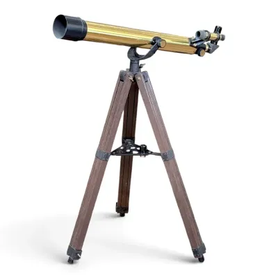 Sale Photo Thumbnail #194: Vintage brass refractor telescope mounted on an adjustable wooden tripod with a metal tray spreader.