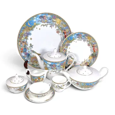 Sale Photo Thumbnail #200: Rosenthal Studio-Linie "1001 Nights" porcelain tea and coffee service designed by Bjørn Wiinblad, featuring ornate gilded illustrations and intricate fantastical motifs.