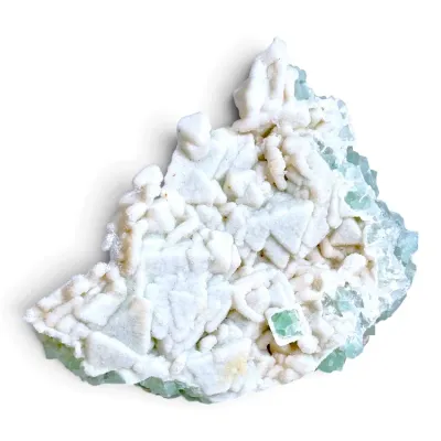 Sale Photo Thumbnail #212: Natural pale green fluorite mineral specimen with white quartz druzy coating.