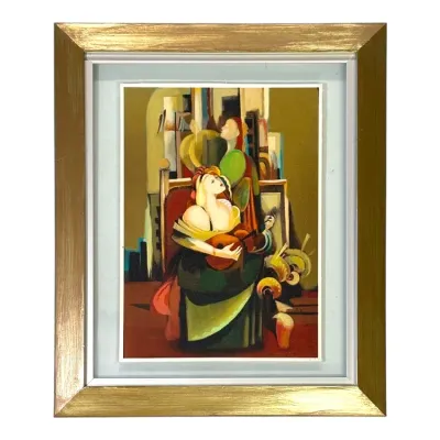 Sale Photo Thumbnail #71: Framed cubist-style oil painting depicting figures with a stringed instrument, presented in a wide gold-toned shadowbox frame.