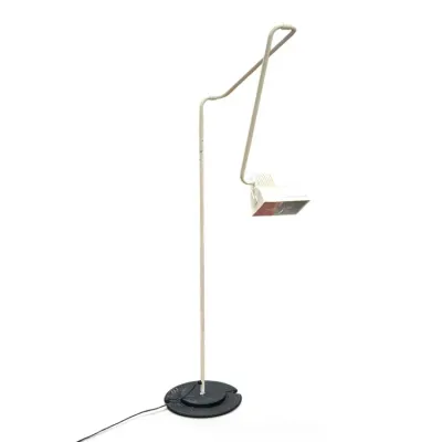 Sale Photo Thumbnail #178: Vintage white metal adjustable boom floor lamp with a heavy black round base and industrial rectangular shade.