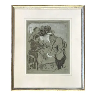 Sale Photo Thumbnail #98: Framed expressionist artwork featuring a group figurative sketch, presented in a metallic frame with off-white matting.