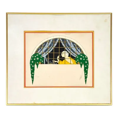 Sale Photo Thumbnail #49: Framed Art Deco style serigraph print by Erté, depicting a woman at a vanity behind an arched window, signed and numbered in pencil.
