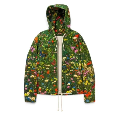 Sale Photo Thumbnail #15: Full-zip hooded jacket featuring a vibrant, all-over botanical print with wildflowers, mushrooms, and butterflies.