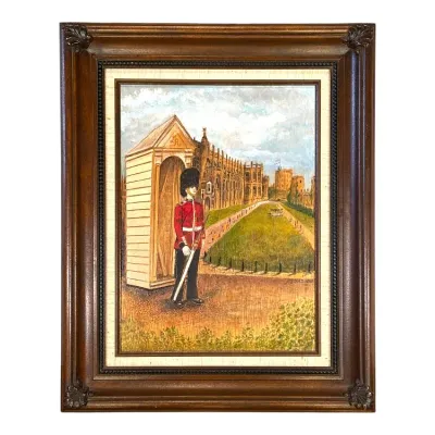 Sale Photo Thumbnail #39: Framed oil painting depicting a British Royal Guard standing at attention outside a sentry box, presented in a ornate dark wood frame with a fabric liner.