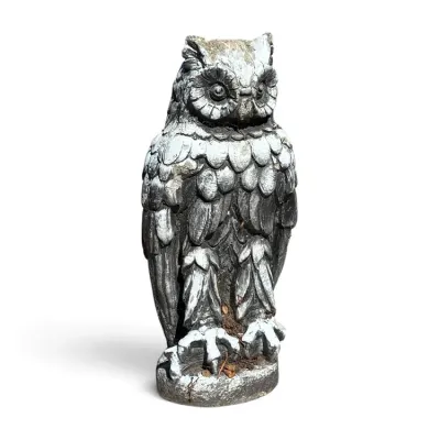 Sale Photo Thumbnail #237: Weathered concrete owl garden statue with distressed painted finish and carved feather details.