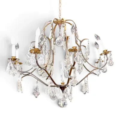 Sale Photo Thumbnail #190: Vintage French Provincial style metal chandelier featuring crystal drops, glass prisms, and candle-style lights.