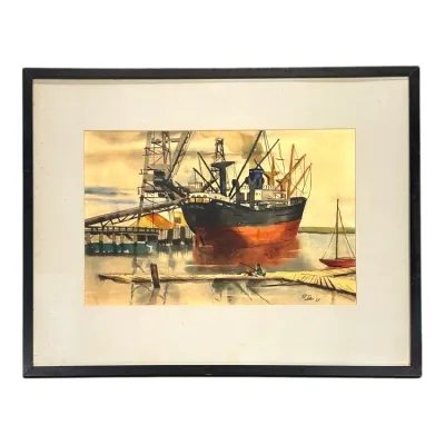 Sale Photo Thumbnail #63: Framed mid-century watercolor painting depicting a ship at a harbor dock, signed St. John '55.
