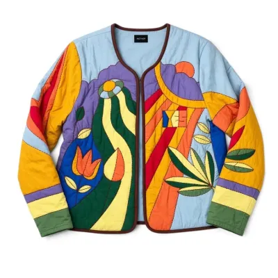 Sale Photo Thumbnail #28: MOTHER brand colorful quilted jacket featuring a psychedelic nature graphic design and brown trim.