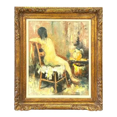 Sale Photo Thumbnail #50: Mid-century impressionist oil painting of a seated female nude figure, signed by the artist and presented in an ornate gilded wood frame.