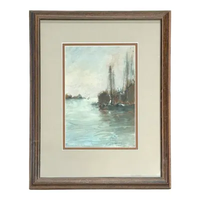 Sale Photo Thumbnail #102: Framed impressionist oil painting depicting a harbor scene with boats and docks, signed in the lower right corner and set within a double mat and wooden frame.