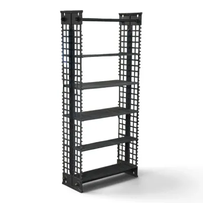 Sale Photo Thumbnail #127: Industrial-style black metal five-shelf rack featuring lattice-pattern side supports and a sturdy frame.