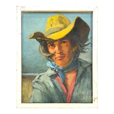 Sale Photo Thumbnail #58: Framed oil painting on canvas depicting a cowboy with a yellow hat and blue neckerchief, signed and dated 1978. Presented in a light-colored wooden frame with visible brushwork and warm tones.
