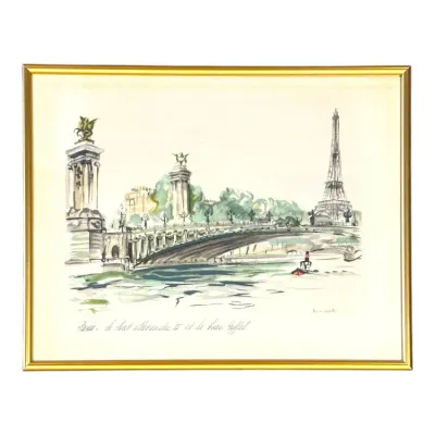 Sale Photo Thumbnail #112: Framed watercolor print depicting the Pont Alexandre III and Eiffel Tower in Paris, signed by the artist in a thin gold-tone metal frame.