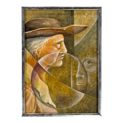 Sale Photo Thumbnail #46: Framed mid-century surrealist portrait painting depicting overlapping faces in a hat, presented in a simple metal frame.