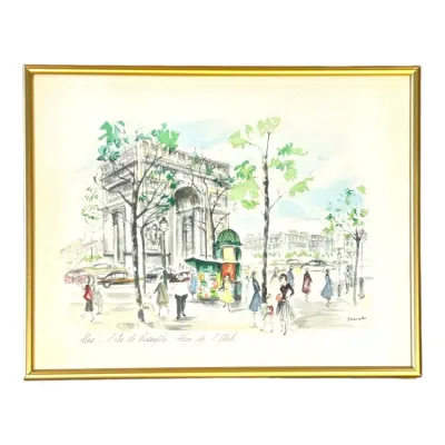 Sale Photo Thumbnail #113: Framed mid-century Parisian watercolor print depicting the Arc de Triomphe and street scene, housed in a thin gold metal frame.