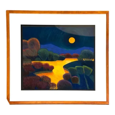 Sale Photo Thumbnail #110: Framed contemporary artwork depicting a vivid nocturnal landscape with a glowing yellow sun or moon, blue mountains, and stylized foliage, set in a light wood frame with a white mat.