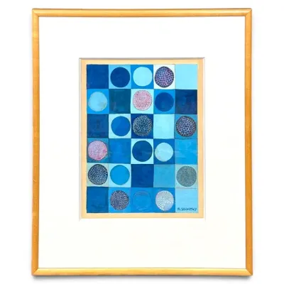Sale Photo Thumbnail #116: Framed mid-century style abstract geometric art piece featuring blue grids and textured circles, signed B. Olshewsky.