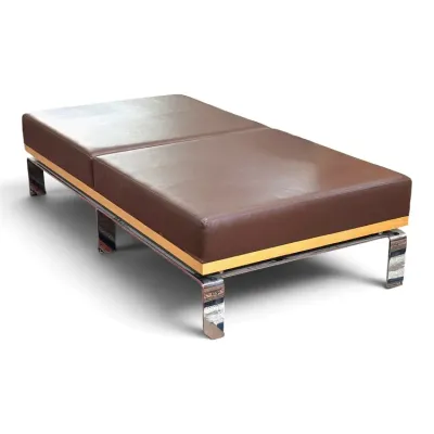 Sale Photo Thumbnail #150: Mid-century modern minimalist daybed bench with brown leather cushions, light wood frame trim, and chrome metal legs.
