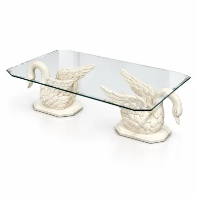 Sale Photo Thumbnail #123: Hollywood Regency style glass-top coffee table supported by a pair of carved off-white swan bases.