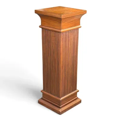 Sale Photo Thumbnail #148: Mid-century wooden display pedestal featuring fluted detailing along the main column and a square top.