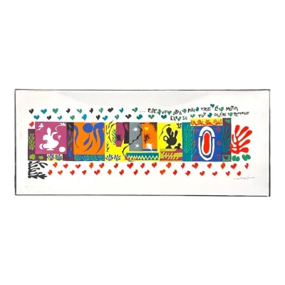 Sale Photo Thumbnail #36: Framed Henri Matisse exhibition poster, "Elle Vit Apparaître Le Matin", featuring colorful cutout-style artwork, framed in a thin silver-tone metal frame.