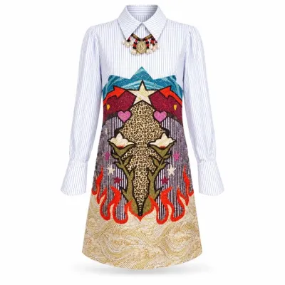 Sale Photo Thumbnail #21: Long-sleeved blue pinstriped shirt dress featuring an ornate, heavily embroidered and beaded body with leopard print, heart, and flame motifs.
