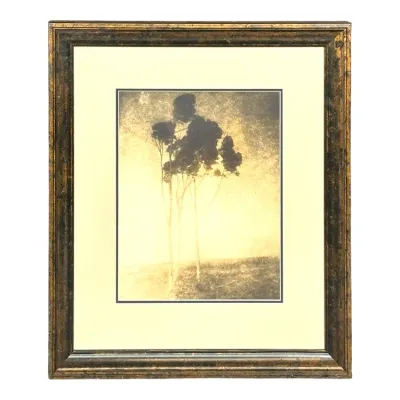 Sale Photo Thumbnail #34: Framed pictorialist-style black and white photograph depicting slender trees on a hill, presented in a matted dark antiqued gold-tone wood frame.